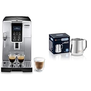 De'Longhi Dinamica ECAM 350.35.SB Kaffeevollautomat mit Profi-Milchaufschäumdüse, Klartext Digitaldisplay, 2-Tassen-Funktion, Silber & Milchkännchen DLSC060, 350 ml, Edelstahl