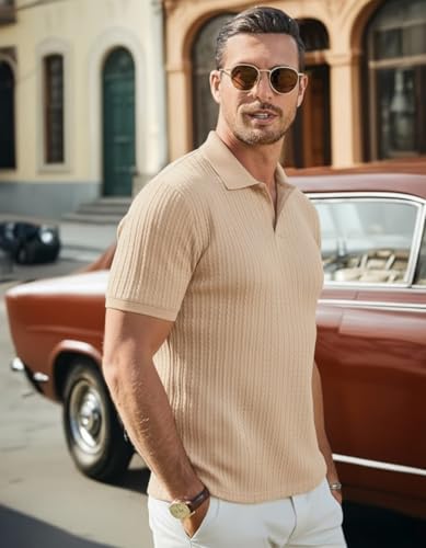 Image of Zilcon Mens Casual Polo Shirt Summer Short Sleeve Vacation Button Beach Knit Stretchy Golf Tshirts