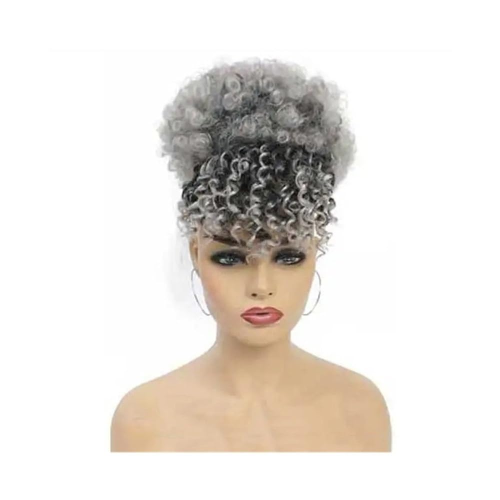sztuczne włosy kok Syntetyczny krótki, kręcony kucyk ze ściągaczem i grzywką, doczepiany Afro High Puff Hair Bun Hairpiece Akcesoria do włosów(1BTgrey)
