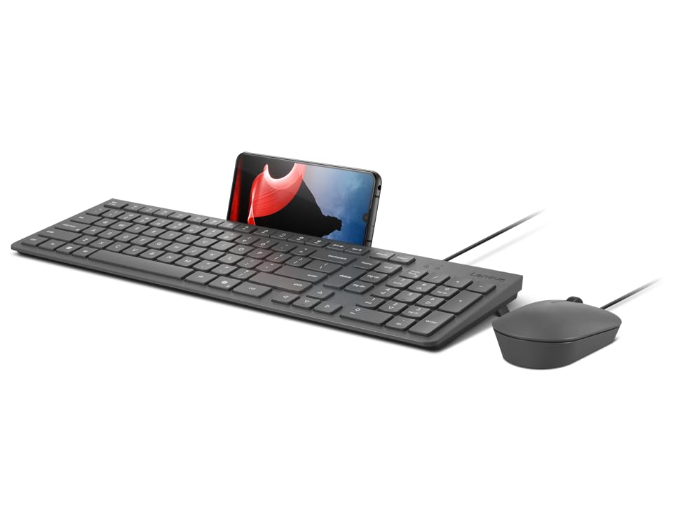 Lenovo 310 USB-A Combo Teclado y Ratón con Cable (Ratón Sensor Óptico Rojo, 2000 dpi, 3 Botones, Scroll, Teclado Resistente a Salpicaduras, Soporte para Móvil, USB-A) QWERTY Español - Gris
