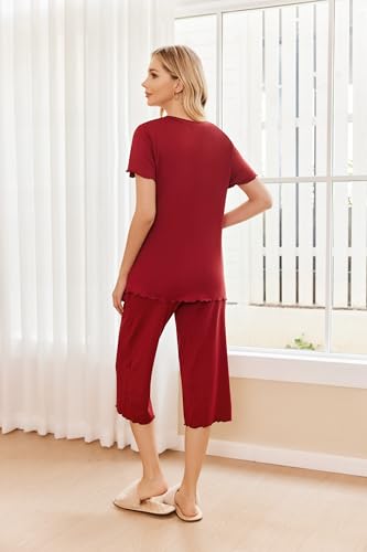 Image of Ekouaer 2 Pack: Women's Pajamas Set Short Sleeve Sleepwear Capri Pants Pjs Soft Loungewear with Pockets