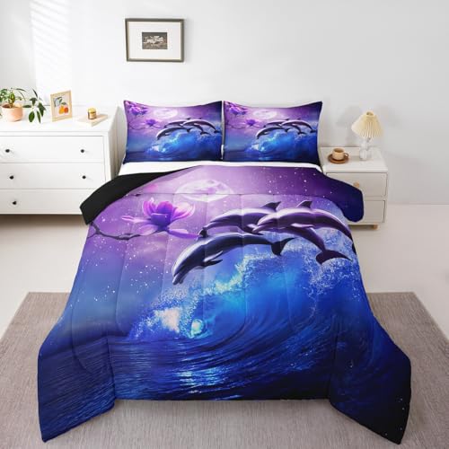 Erosebridal Galaxy Dolphin Comforter Set Full,Coastal Ocean Waves Comforter Sky Starry Moon Stars Cherry Blossoms Bedding Set for Girls Teen yough Women Sea Animal Quilted Duvet Purple Blue 3 Pcs