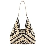 Rejolly Straw Hobo Bag for Women Tote Bag Summer Vacation Beach Handbags Boho Bohemian Style Shoulder Purse Black