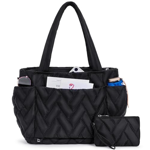 nuoku Puffer Tote Bag for Women, 20L Large Capacity, Lightweight Quilted Shoulder Bag with Multiple Compartments and Zipper for Work, Travel, Gym - Black