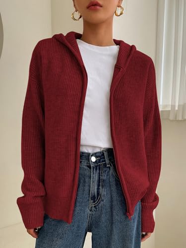 Image of SOLY HUX Zip Up Cardigan for Women Hooded Cardigan Sweater Knitted Drop Shoulder Fall Clothes Winter Hoodies Outerwear