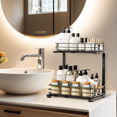 JYPS Kitchen Organiser, 2 Tier Metal Under Sink Storage Slide Out Shelf, Height Adjustable Sink Kitchen Storage - Image 4