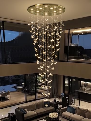 Image of ykolupty Crystal Butterfly Chandelier High Ceiling Chandeliers for Staircaes Large Raindrop Chandeliers LED Dimmable Big Chandelier for Foyer Hallway Entryway Gold