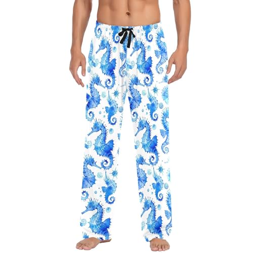 Blue Seahorses Pattern Men's Pajamas Pants Cotton Sleep Bottoms Pants Lounge Sleepwear - S2