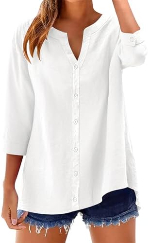 LOMON Womens 3/4 Sleeve Button Down Shirts Cotton Linen Roll Up S...