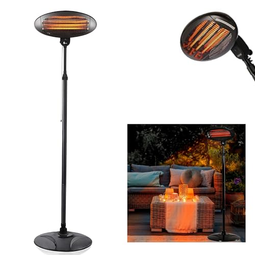Image of 2KW Black Electric Heater Outdoor Free-Standing Patio Garden 2000w Halogen Quartz Warmer 3 Heat Settings Adjustable Heat & Angle Height Weatherproof Heater