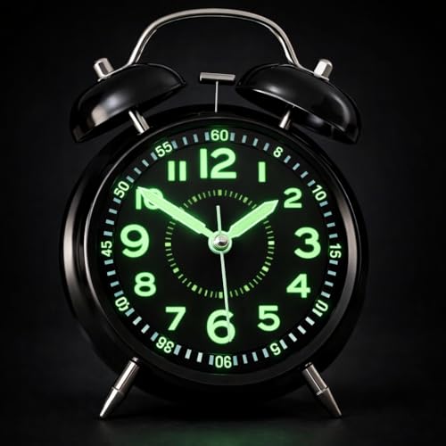 Image of AERYS Analog Alarm Clock for Heavy Sleepers Loud Clock for Adults, Metal 4 Inches Twin Bell Table Clock with Backlight Alarm Clocks for Students Decoration Bedroom /Office (Radium Black)