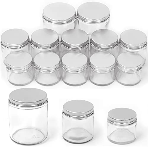 Paquete de 12 tarros de vidrio transparente 2, 4 y 8 onzas, con kit surtido de tapa plateada, recipientes redondos de vidrio cosmético con tapas, tarros de viaje para cosméticos