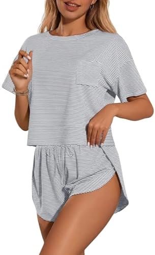 Ekouaer Womens Striped Pajama Sets Sexy Lounge Sets Side Split Short Pj Sets Cute Pjs 2 Piece Comfy Sleepwear Loungewear Gray-White Stripes X-Large - 3