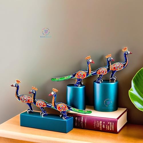Hand-Painted Paper Mache Peacock Set - Traditional Indian Folk Art Decor for Home, Temple, and Office (Set of 6)