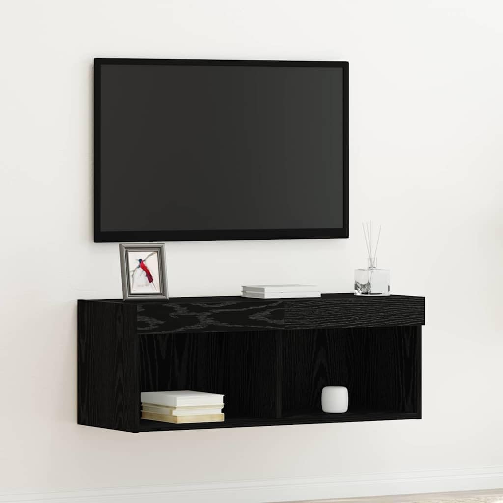 Moderno mueble colgante de TV con iluminación LED, madera de ingeniería, roble negro, 80 x 30 x 30 cm, juego con múltiples estantes y puertas, ideal para sala de estar.