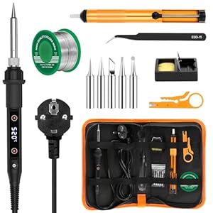 Lötkolben Set 80W LED Einstellbar Temperatur 180-520°C Lötkolben mit Ein/Aus Schalter, 50g Lötdraht, 5 Lötspitzen, Entlötpumpe, Lötkolbenständer, Pinzette, Lötset für Elektrische Arbeiten