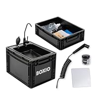 BOXIO - WASH Max+: Mobiles 40x30 Spülbecken Komplettset: Filter System + Campingdusche + Reinigungsperlen + Spiegel, Camping Waschbecken mit Pumpe ohne Strom, Camping Zubehör in Eurobox