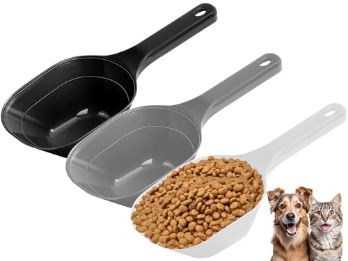 3PACK Dog-Cat Food-Scoop Measuring-Cup,1 Cup Capacity Versatile Plastic Pet Food Scoop with Measuring Lines 1 Cup and 1/2 Cup for Precise Portion Control (Black, Grey and White)