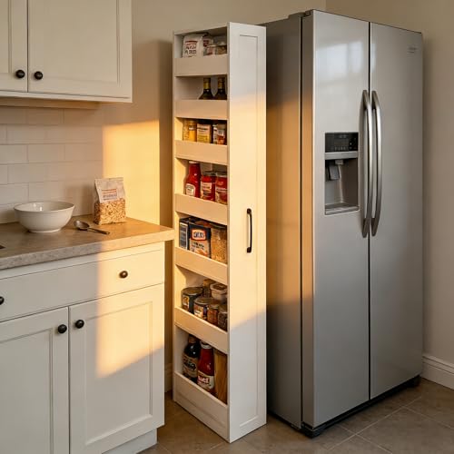 71'' Tall Slim Rolling Storage Cart on Wheels 7-Tier Next to Fridge 8 inch Wide Narrow Pull-out Skinny Spice Rack Side of Refrigerator Slide-out Shelf Pantry Cabinet for Kitchen, Laundry Room White