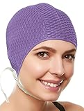 Retro Bubble Crepe Swim Bathing Cap with Chin Strap - Lavender
