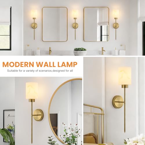 Image of Gold Wall Sconces Set of 2 with Marble Glass Shade, Modern Bathroom Vanity Light Fixtures for Bedroom, Hallway, Entryway, Living Room