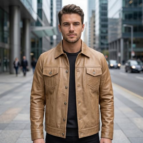 Image of Mens Leather Jackets - Real Lambskin Trucker Style Vintage Leather Jacket Men