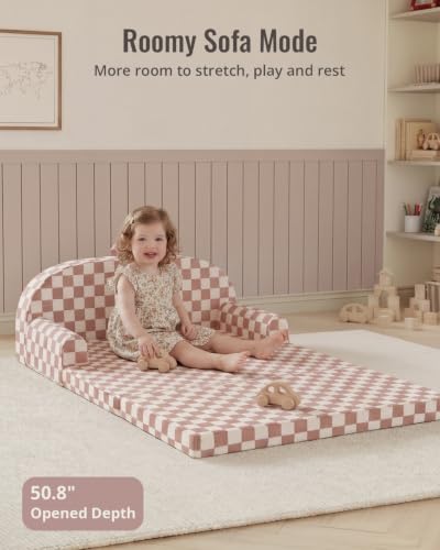 Image of Blissful Diary Foldable Kids Couch, Extra Wide Kids Sofa Chair, Blush Check