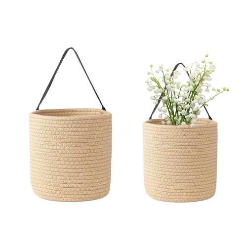 2er Set Baumwollseil-Hängekörbe - Wandkorb & Aufbewahrungskorb (20x18cm + 18x16cm), Hängeorganizer mit Griff für Bad/Küche/Balkon, als Blumentopf Wand oder kleiner Korb mit Henkel (Khaki)