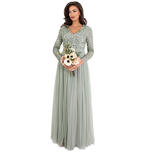 Maya Deluxe Women's Womens Ladies Sleeve for Wedding Guest V Neck High Empire Waist Maxi Long Length Evening Bridesmaid Prom Dress, Green Lily, 46