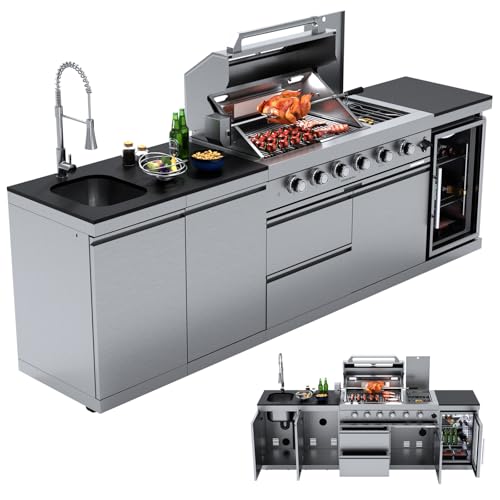 104" Modular Outdoor Kitchen Island, 75,300 BTU 6-Burner 304 Stainless Steel Propane Gas Grill, Prefab BBQ Island Station with Side Burner, Rotisserie Kit, 68L Fridge, Sink & Granite Countertops