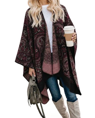 Bestshe Women's Boho Open Front Poncho Knitted Plaid Shawl Wrap Cape Tassel Cardigan Sweater, #15 Winered, One size