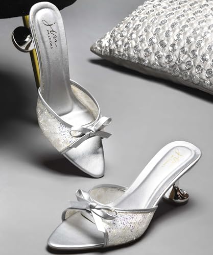 Image of JM LOOKS Women's Kitten Mules Heels Glitter Sparkle Heel with Bow Open Pointed Toe Stiletto Low Heels Party Dress Slip On Backless Sandals
