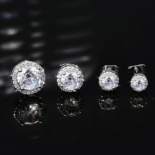 4 Pairs Silver Stud Earrings for Women, 18K Silver Plated Hypoallergenic Premium Cubic Zirconia Earrings, Halo Round Stud Earrings Set for Women Men — view 5