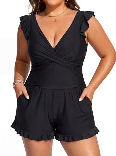 Smismivo Swim Romper with Built in Bra and Pockets Plus Size Swimsuit One Piece Swim Dress Full Coverage Bathing Suit with Shorts Modest Criss Cross Ruffle Sleeve Swim Suit Pool Swimwear (Black)
