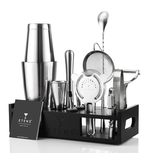 ETENS Set di shaker per cocktail Accessori per bar - 15 pezzi Mixology Bartender Kit include Boston Shaker, Jigger giapponese, colino, apribottiglie, cucchiaio per mescolare cocktail - Supporto in