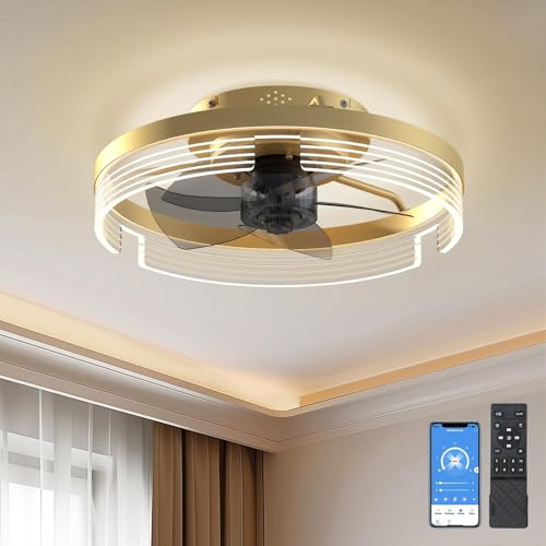 HSC Low Profile Ceiling Fan With Light: Modern Flush Mount Fans Remote Control - Smart Small Reversible Timing Dimmable Bladeless For Indoor Bedroom Living Room Kitchen, Gold, 53*53*18
