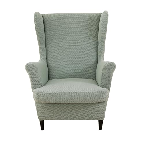 CRFATOP Jacquard Wing Chair Slipcovers 2 Piece Stretch Wingback Chair Cover Spandex Wing Back Armchair Covers Furniture Protector with Side Pocket for Living Room Bedroom Wingback Chair,Green
