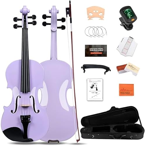 ADM Acoustic Violin for Kids Beginners,1/4 Size Acoustic Violin Fiddle for Teens Students Violin Starter Kit with Hard Case, E-Tuner, Rosin, Shoulder Rest, Bow, Extra Strings, Free Lessons, Purple