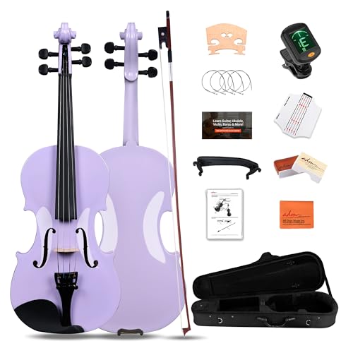 ADM Acoustic Violin for Kids Beginners, 4/4 Full Size Acoustic Violin Fiddle for Teens Students Violin Starter Kit with Hard Case, E-Tuner, Rosin, Shoulder Rest, Bow, Strings, Free Lessons, Purple
