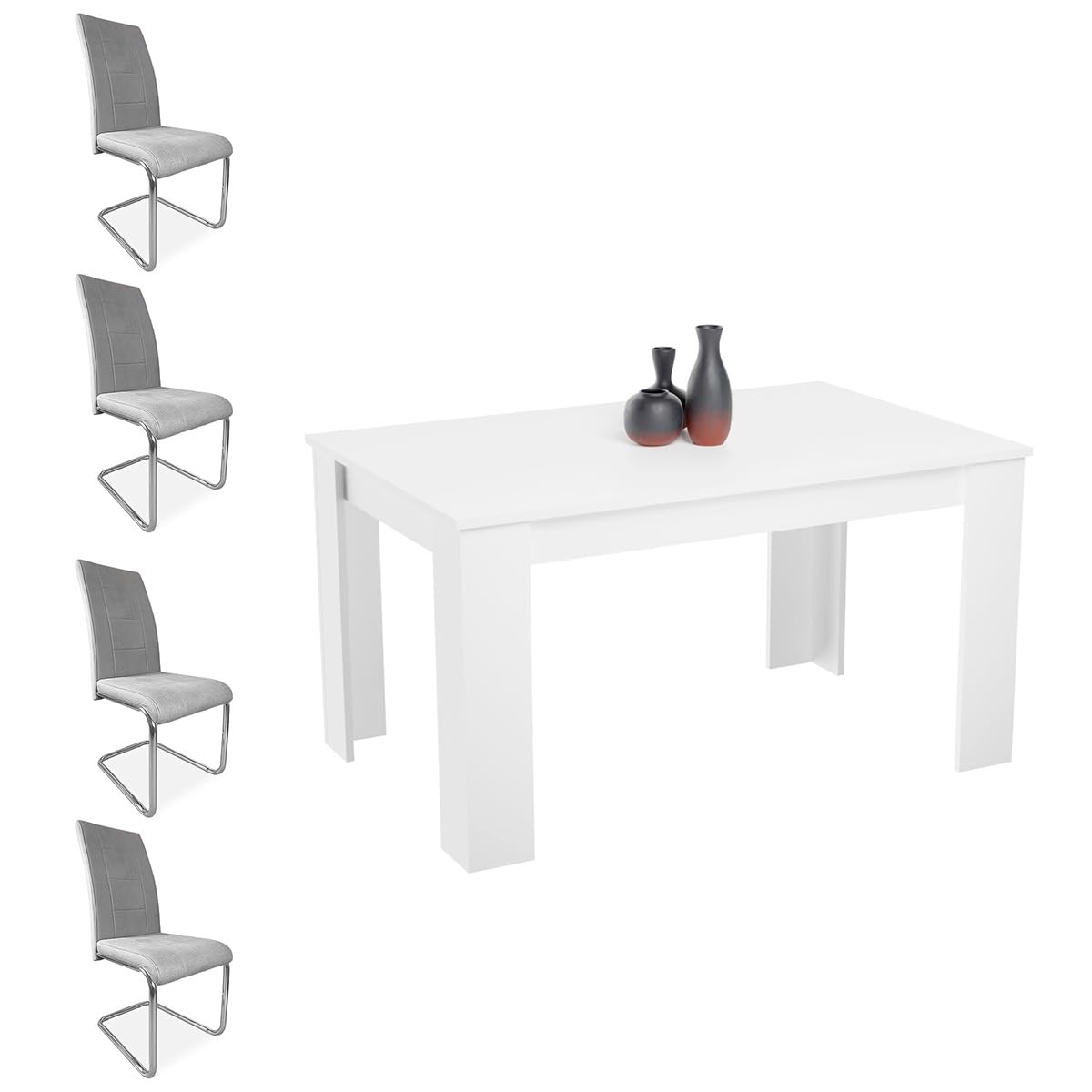 amuéblate online - Pack Mesa de Comedor Extensible, Modelo Austin, Color Blanco + 4 Sillas Tapizadas Acabadas en Marengo, Modelo Aris, con Patas Cromadas
