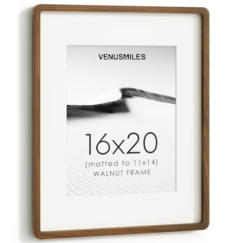 Image of 16 x 20 Picture Frame, USA-Sourced Natural Walnut Wood Photo Collage Frame with HD Tempered Glass, 16x20 Wooden Frame Matted to 11x14, Vertical & Horizontal Wall Hanging Display