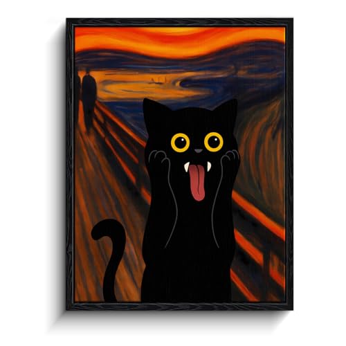Framed Black Cat Wall Art, Funny Cartoon Black Cat Inspired by The Scream Expressionist Textured Art Print, Eclectic Cat Posters for Room, Bedroom Living Room Bathroom Wall Decor, 8 x 10 Inches