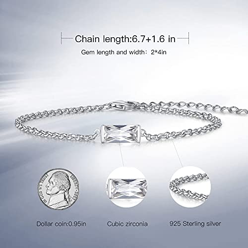 Cacestone Sterling Silver Gemstone 3 Carat 5X10Mm Created Simulated Diamond Cubic Zirconia Birthstone Baguette Bar Link Bracelet Tiny Simple Jewelry Daily Wear Birthday Gift For Women Wife Her #TOP3