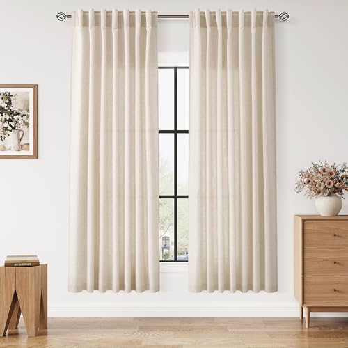 Image of Linen Curtains for Living Room 72 Inches Long Modern Farmhouse Decor Light Filtering Semi Sheer Curtain Back Tab Neutral Luxury Rustic Burlap Coastal Drapes for Bedroom Office 52x72, 2 Panels