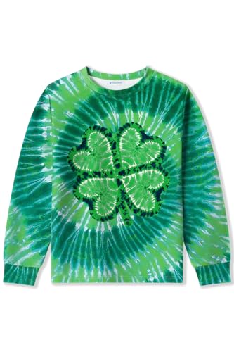 Image of Unisex Kids St. Patrick's Tie Dye Irish Clover Long Sleeve Shirt Shamrock Green Sweatshirt 6-14 Years