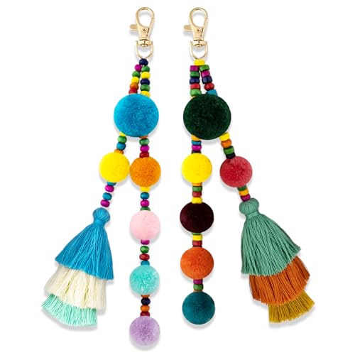 Celaqiu Beaded Bag Charm Pom Pom keychain Bag Accessories Cute Bag Charm Boho Gifts for Women Purse Charms Boho Keychain Charms for Purses Tassel Keychains for Mom Friends