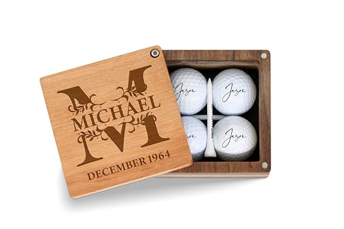 BOBI CARE Custom Monogram Letter Name Gifts for Daddy Wooden Golf Ball Storage, Personalized History Gifts for Men Beech Wood Golf Box, Engraved Best Gift for Boyfriend Elegant Golf Box Gift