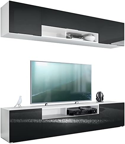 Vladon Wall Unit TV Stand Mogan, Carcass in White matt/Fronts in White High Gloss