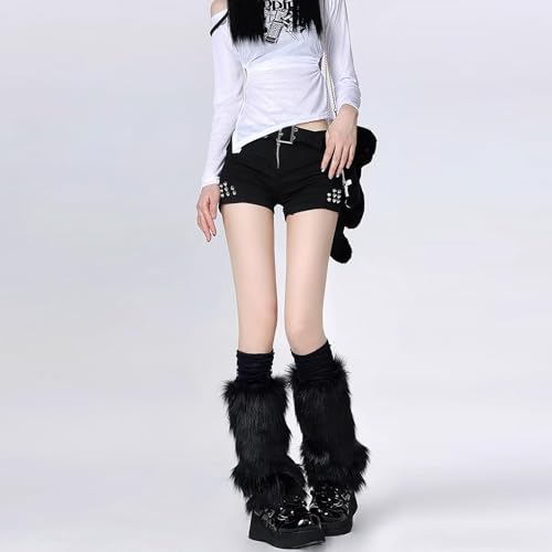 QckZee Damen Beinstulpen aus Kunstfell – Flauschige Leg Warmers für Festival, Weihnachten & Winter – Furry Stulpen für Stiefel, Kostüm & Alltag (Schwarz)