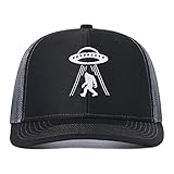 Shenbors Embroidered Trucker Hat Big Foot Under The UFO for Men Women, Sasquatch Baseball Cap, Black Grey Mesh Adjustable Snapback Hat